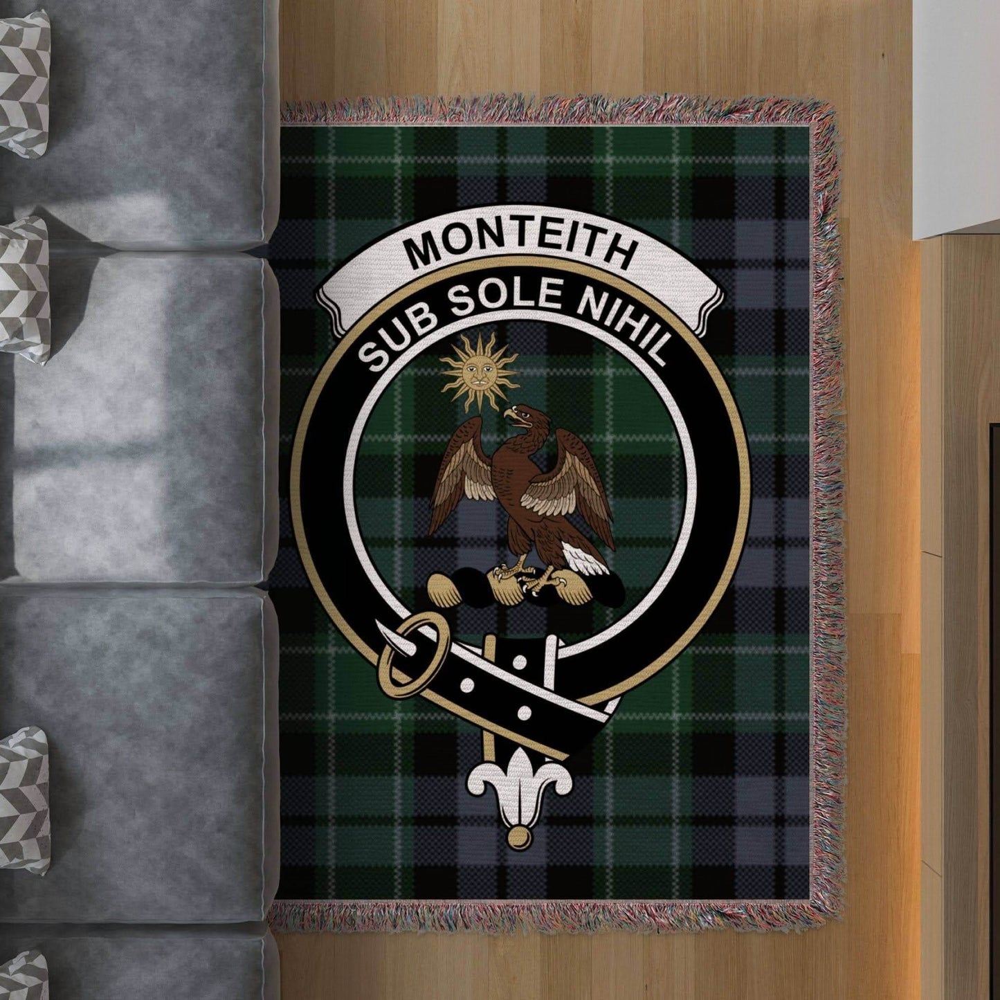 Monteith Clan Crest Tartan Scottish Woven Blanket - Celtic Ancestry Gifts