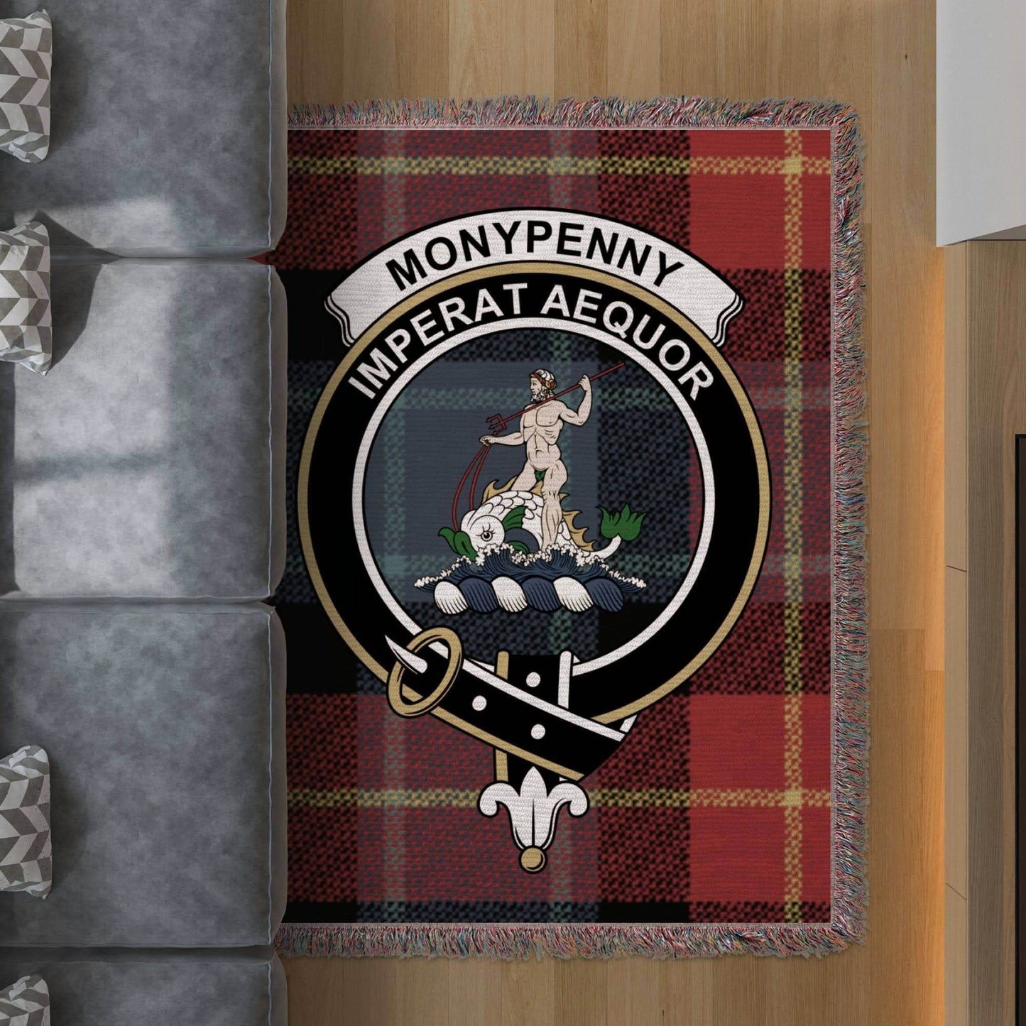 Monypenny Clan Crest Tartan Scottish Woven Blanket - Celtic Ancestry Gifts