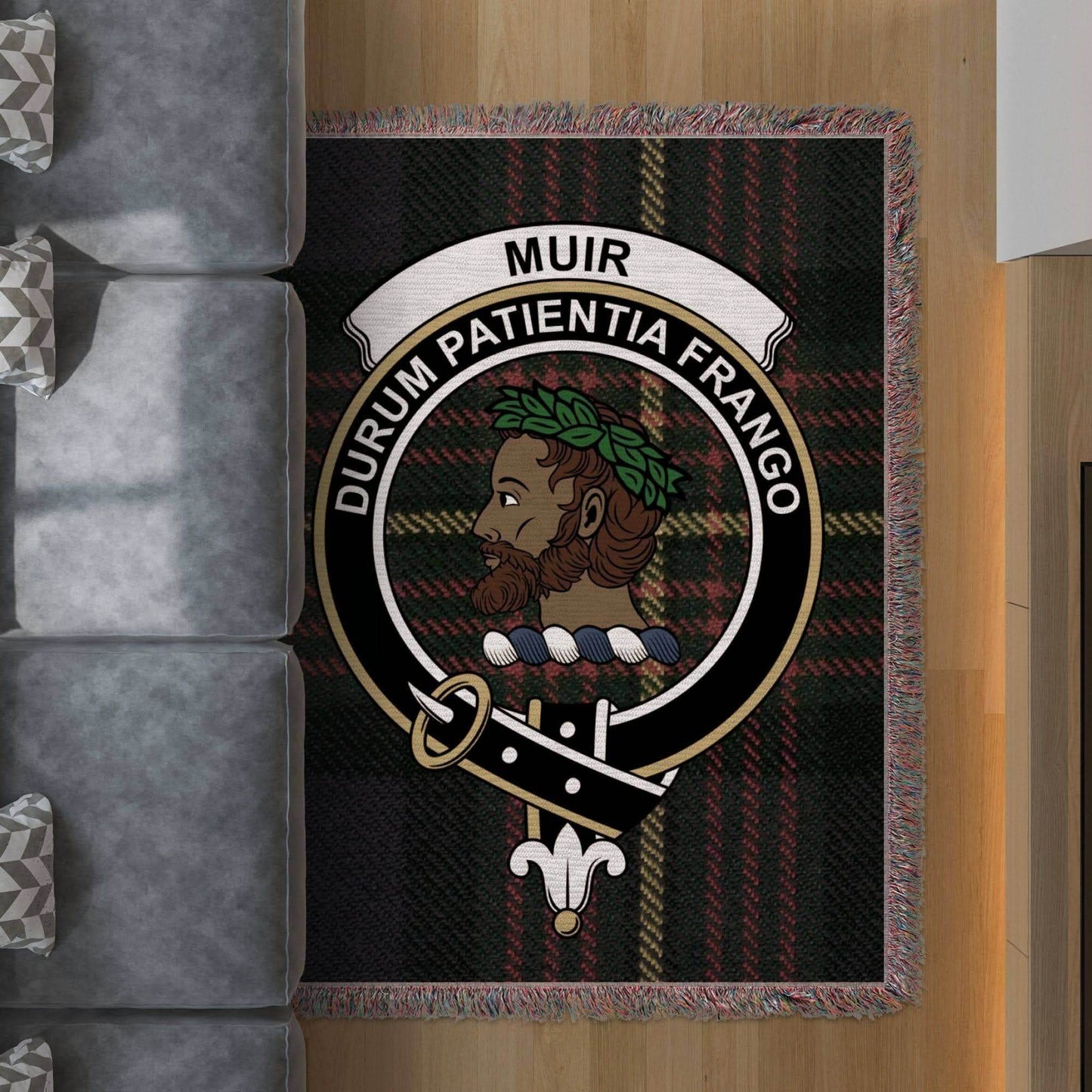 Muir Clan Crest Tartan Scottish Heritage Woven Blanket - Celtic Ancestry Gifts