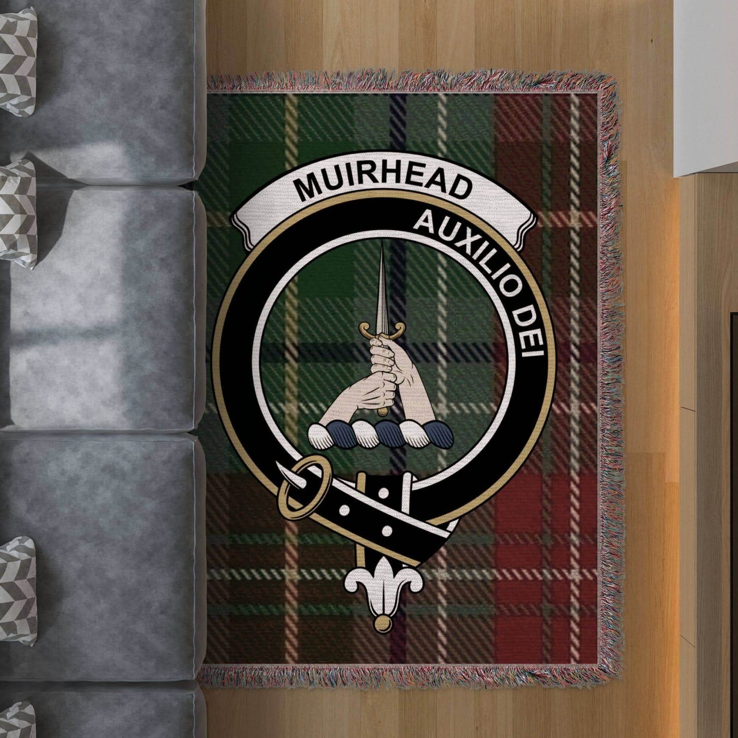 Muirhead Clan Crest Tartan Scottish Woven Blanket - Celtic Ancestry Gifts