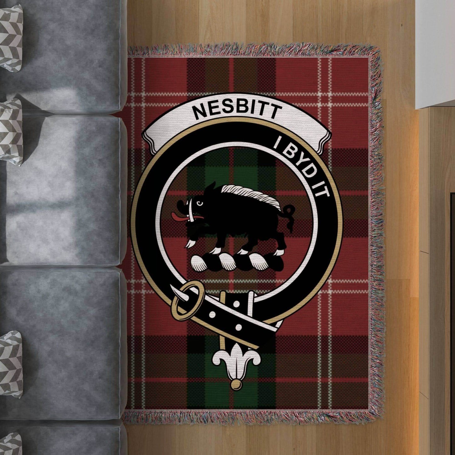 Nesbitt Clan Crest Tartan Scottish Woven Blanket - Celtic Ancestry Gifts