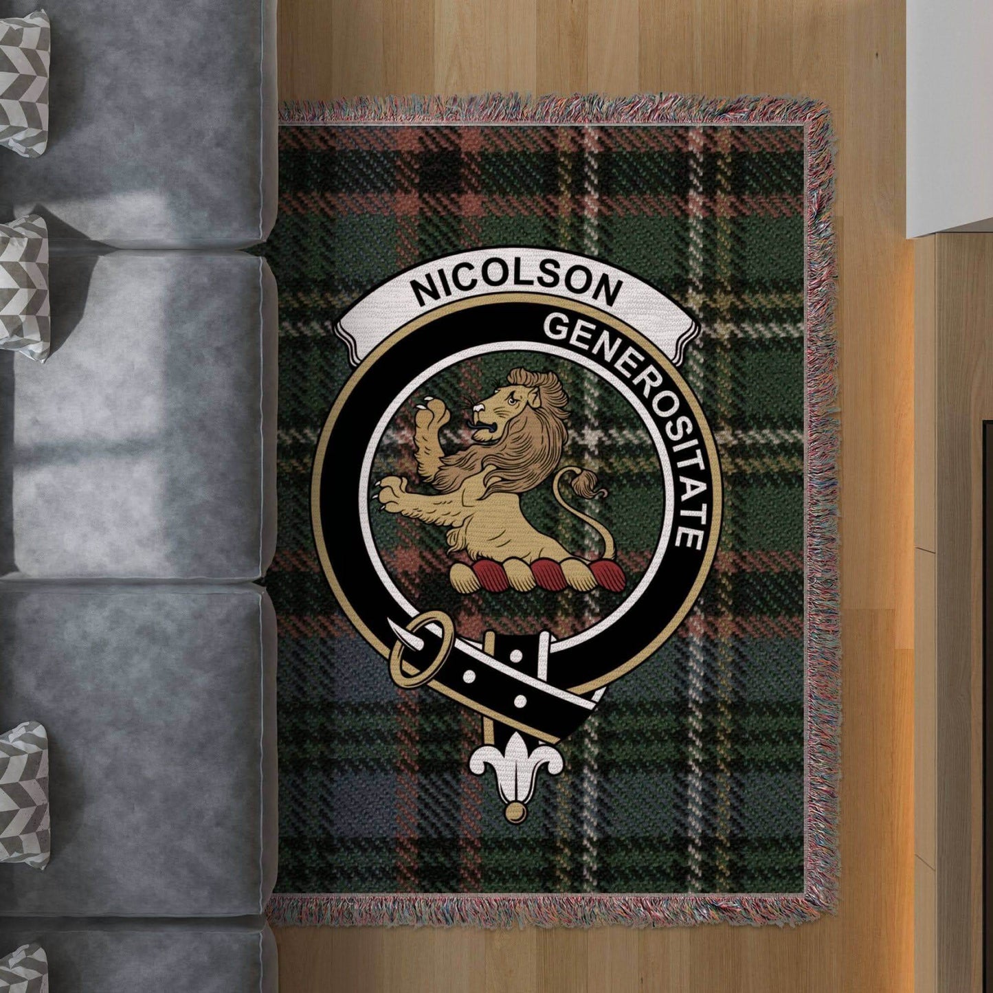 Nicolson Clan Crest Tartan Scottish Woven Blanket - Celtic Ancestry Gifts