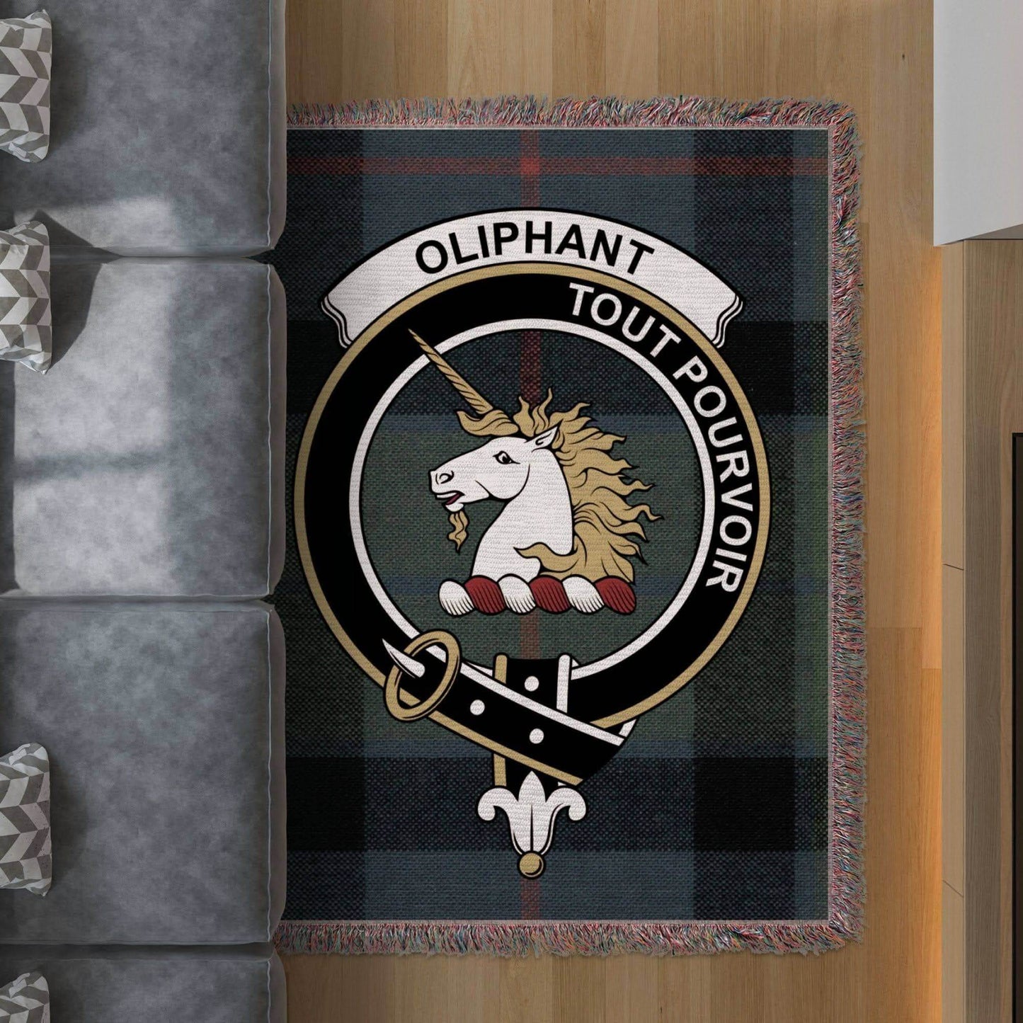 Oliphant Clan Crest Tartan Scottish Woven Blanket - Celtic Ancestry Gifts