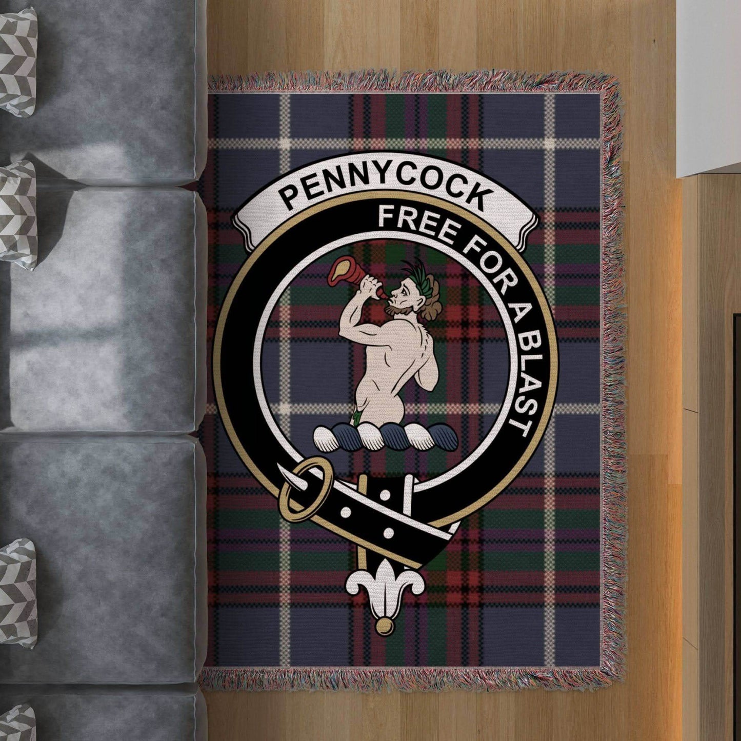 Pennycock Clan Crest Tartan Scottish Woven Blanket - Celtic Ancestry Gifts