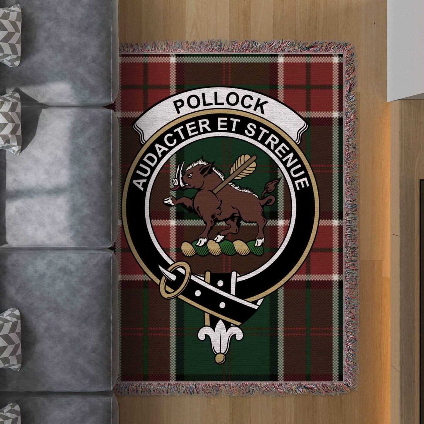 Pollock Clan Crest Tartan Scottish Heritage Woven Blanket - Celtic Ancestry Gifts
