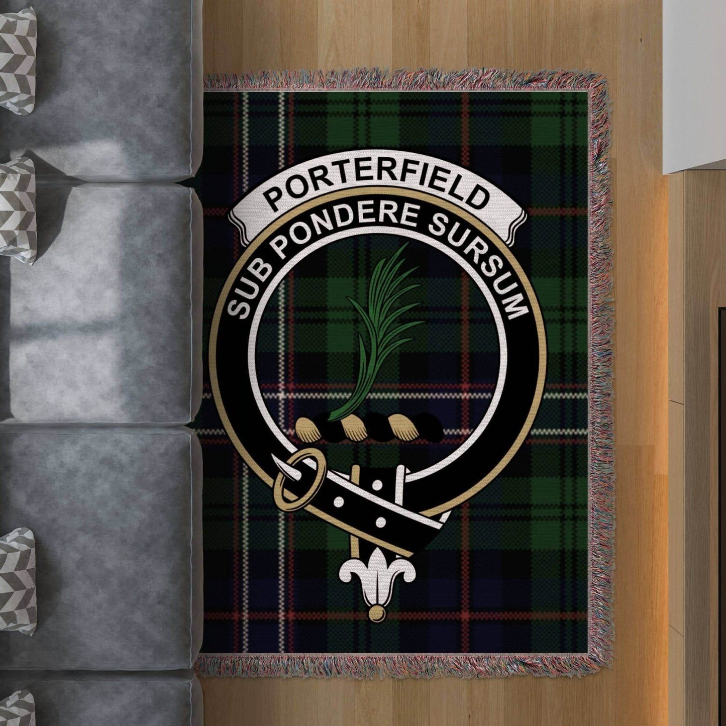 Porterfield Clan Crest Tartan Scottish Woven Blanket - Celtic Ancestry Gifts