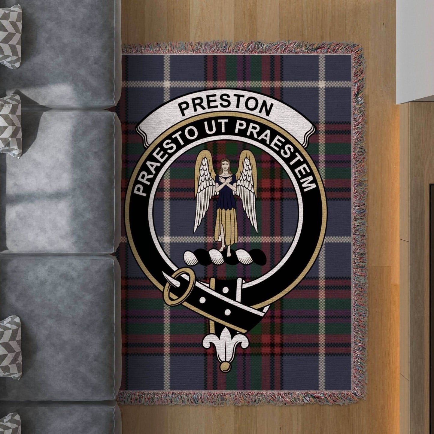 Preston Clan Crest Tartan Scottish woven blanket - Celtic Ancestry Gifts