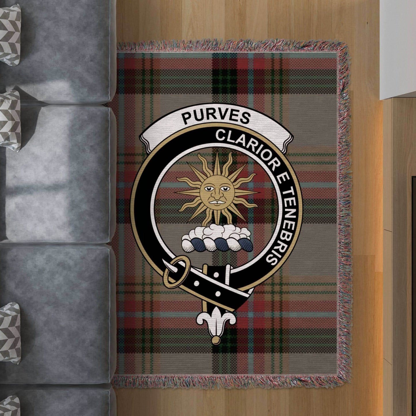 Purves Clan Crest Tartan Scottish Heritage Woven Blanket - Celtic Ancestry Gifts
