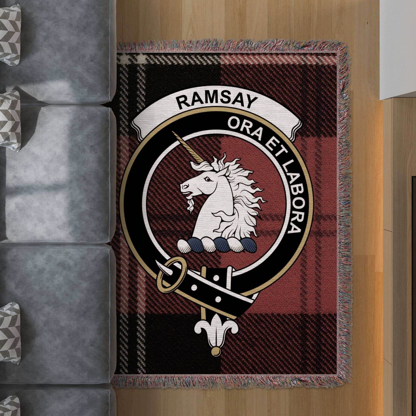 Ramsay Clan Crest Tartan Scottish Heritage Woven Blanket - Celtic Ancestry Gifts