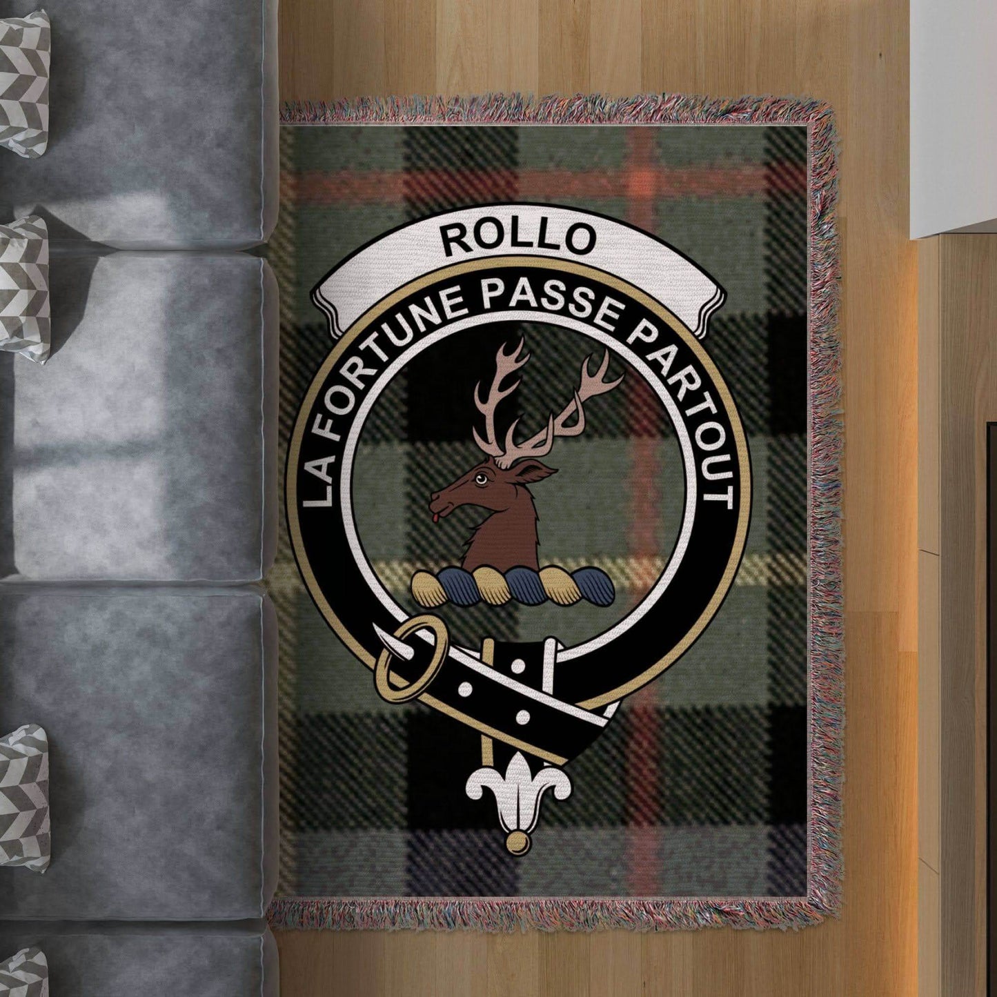Rollo Clan Crest Tartan Scottish Woven Blanket - Celtic Ancestry Gifts