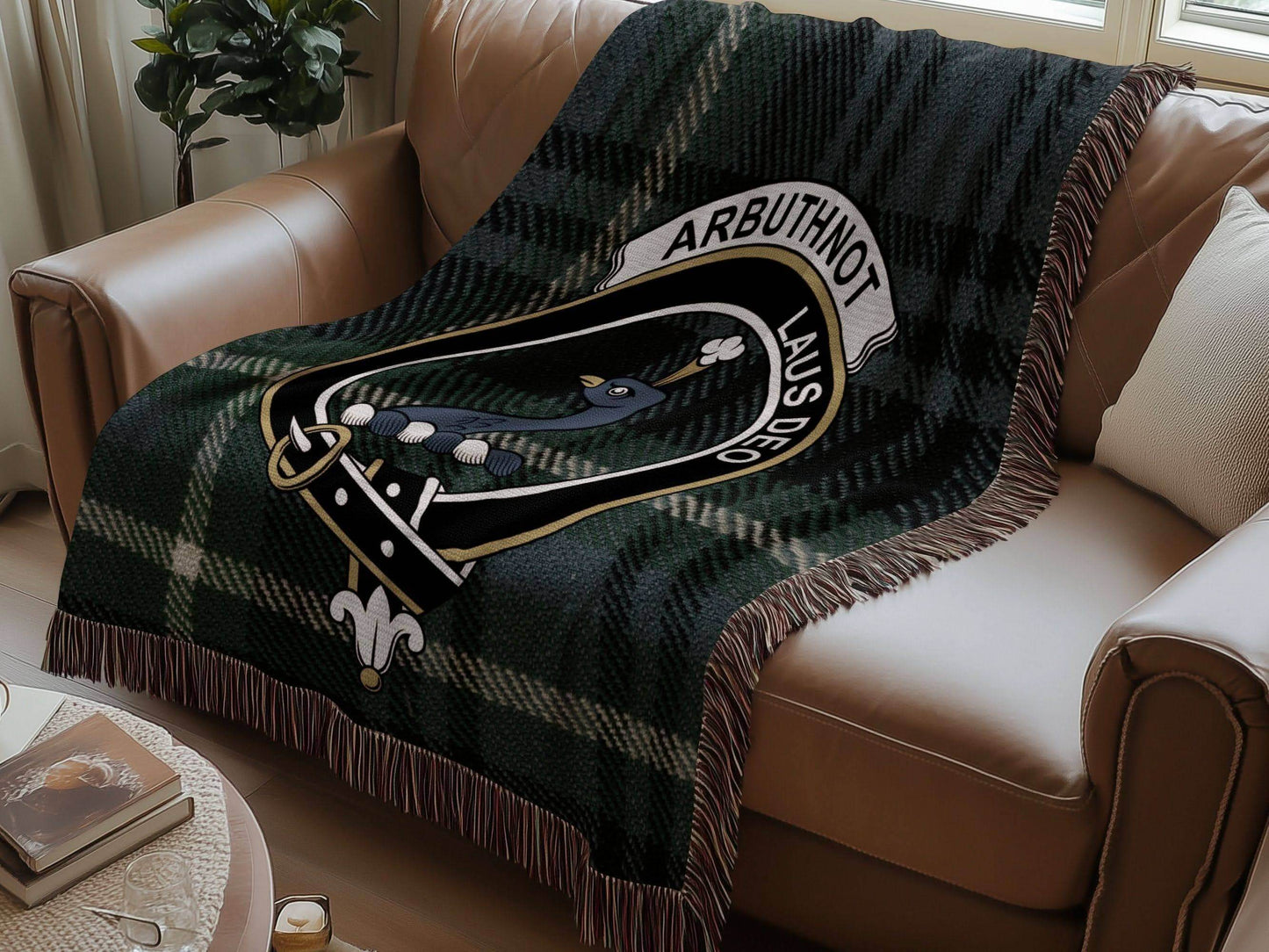 Arbuthnot Clan Crest Tartan Scottish Woven Blanket - Celtic Ancestry Gifts