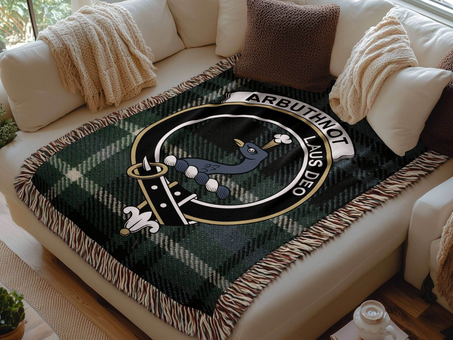 Arbuthnot Clan Crest Tartan Scottish Woven Blanket - Celtic Ancestry Gifts