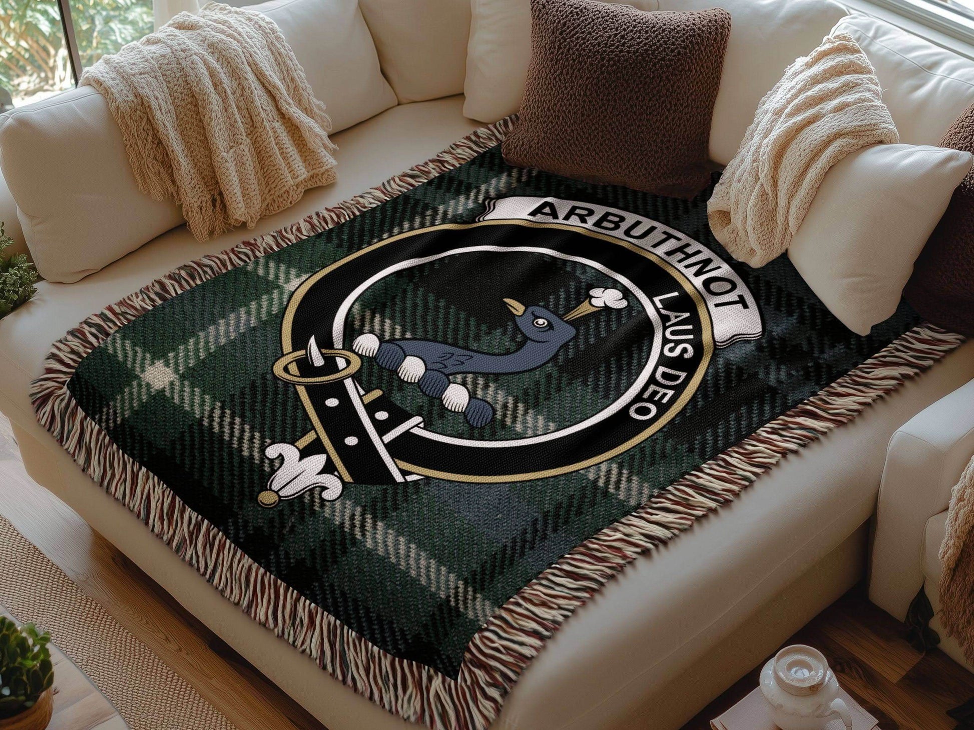 Arbuthnot Clan Crest Tartan Scottish Woven Blanket - Celtic Ancestry Gifts