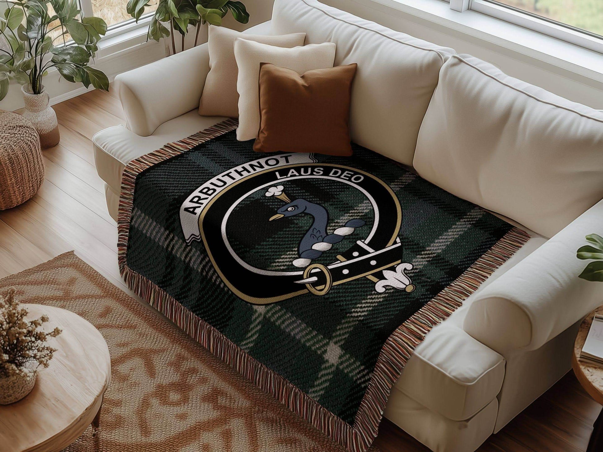 Arbuthnot Clan Crest Tartan Scottish Woven Blanket - Celtic Ancestry Gifts