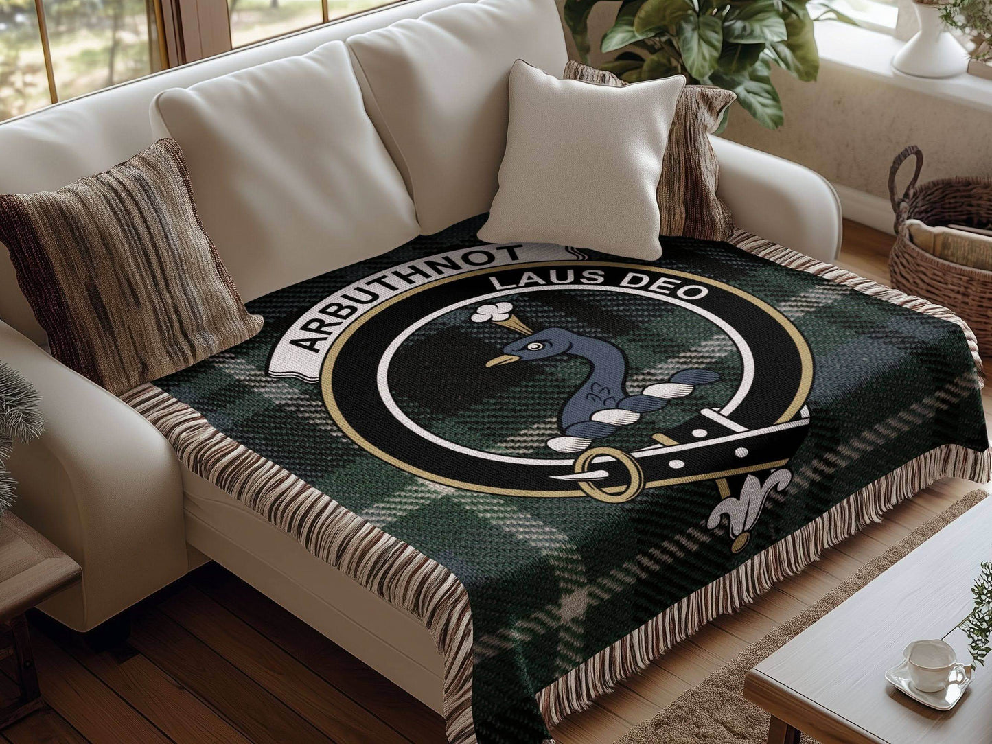 Arbuthnot Clan Crest Tartan Scottish Woven Blanket - Celtic Ancestry Gifts