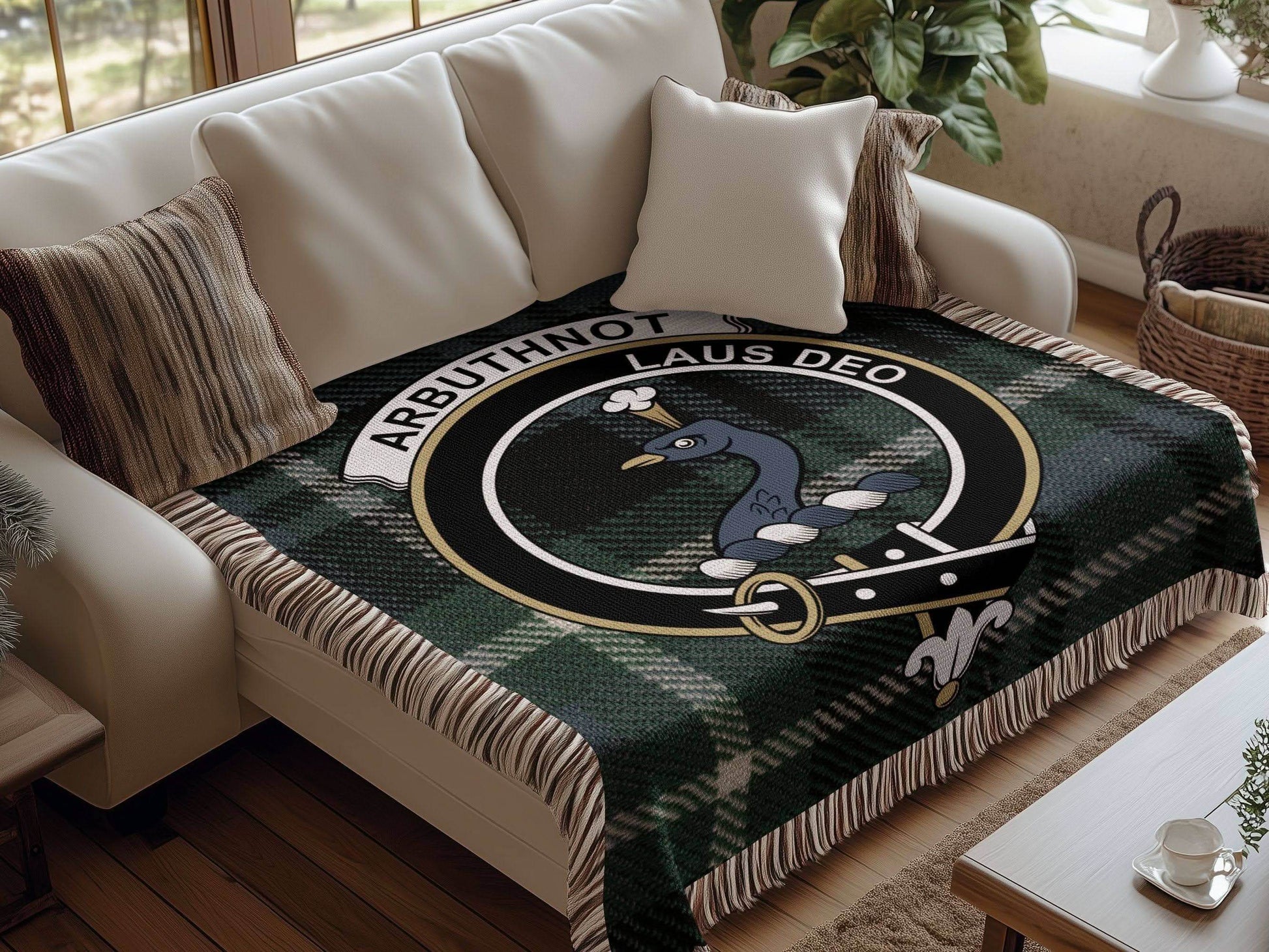 Arbuthnot Clan Crest Tartan Scottish Woven Blanket - Celtic Ancestry Gifts