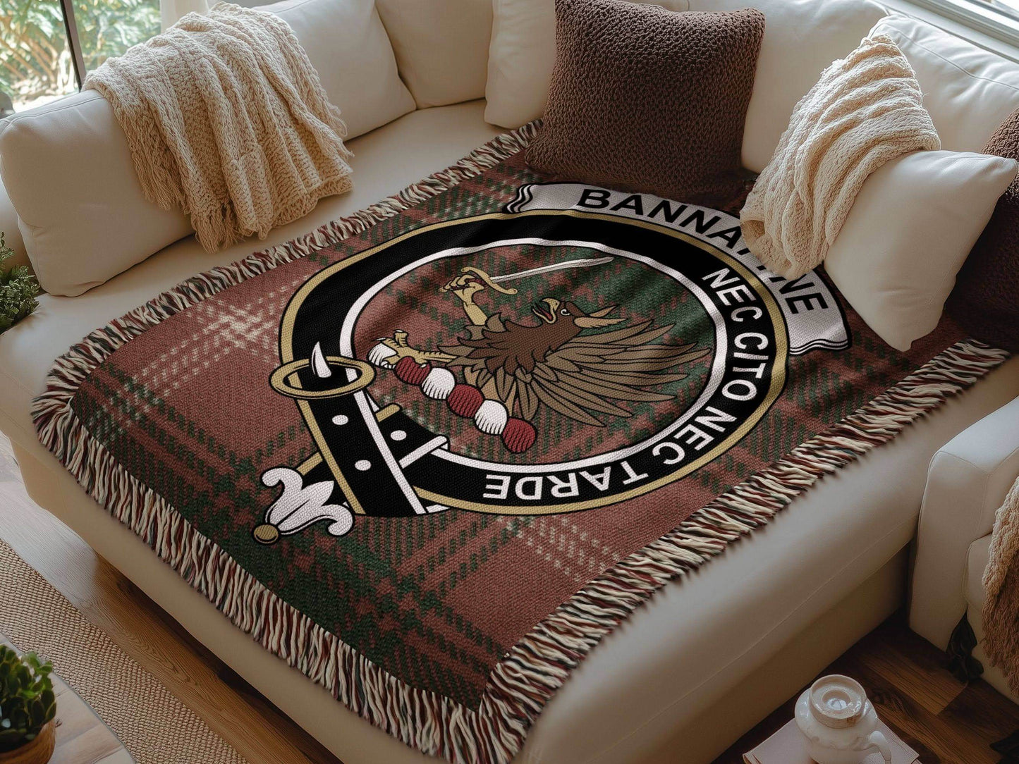 Bannatyne Clan Crest Tartan Scottish Woven Blanket - Celtic Ancestry Gifts