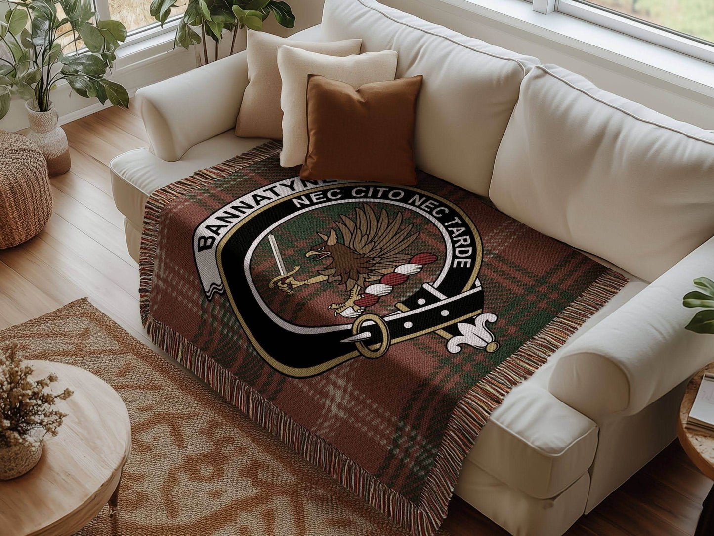 Bannatyne Clan Crest Tartan Scottish Woven Blanket - Celtic Ancestry Gifts