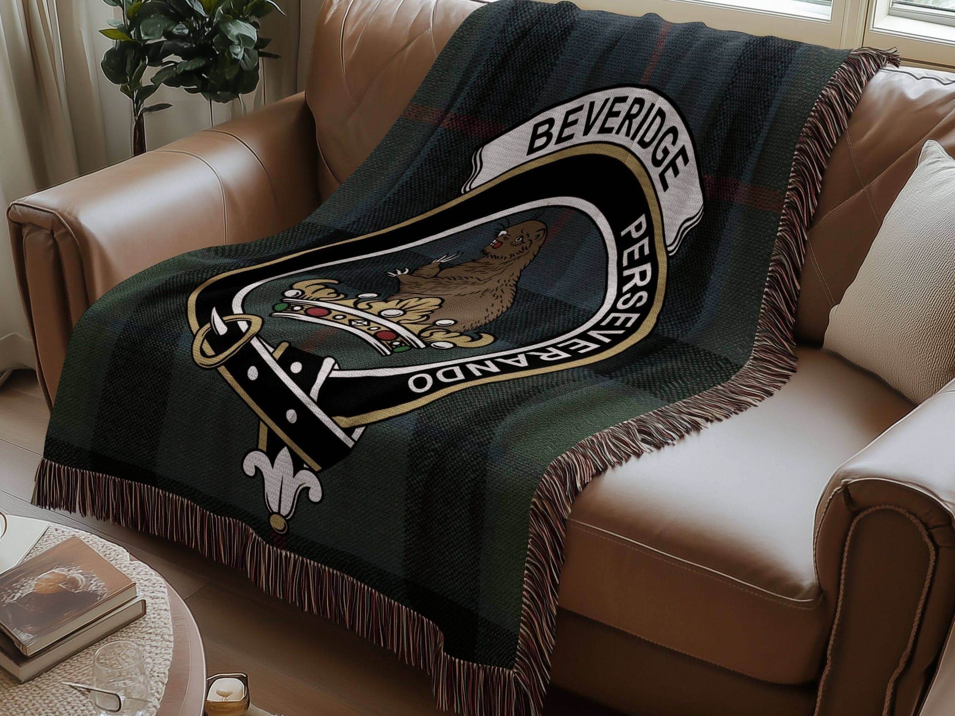 Beveridge Clan Crest Tartan Scottish Woven Blanket - Celtic Ancestry Gifts