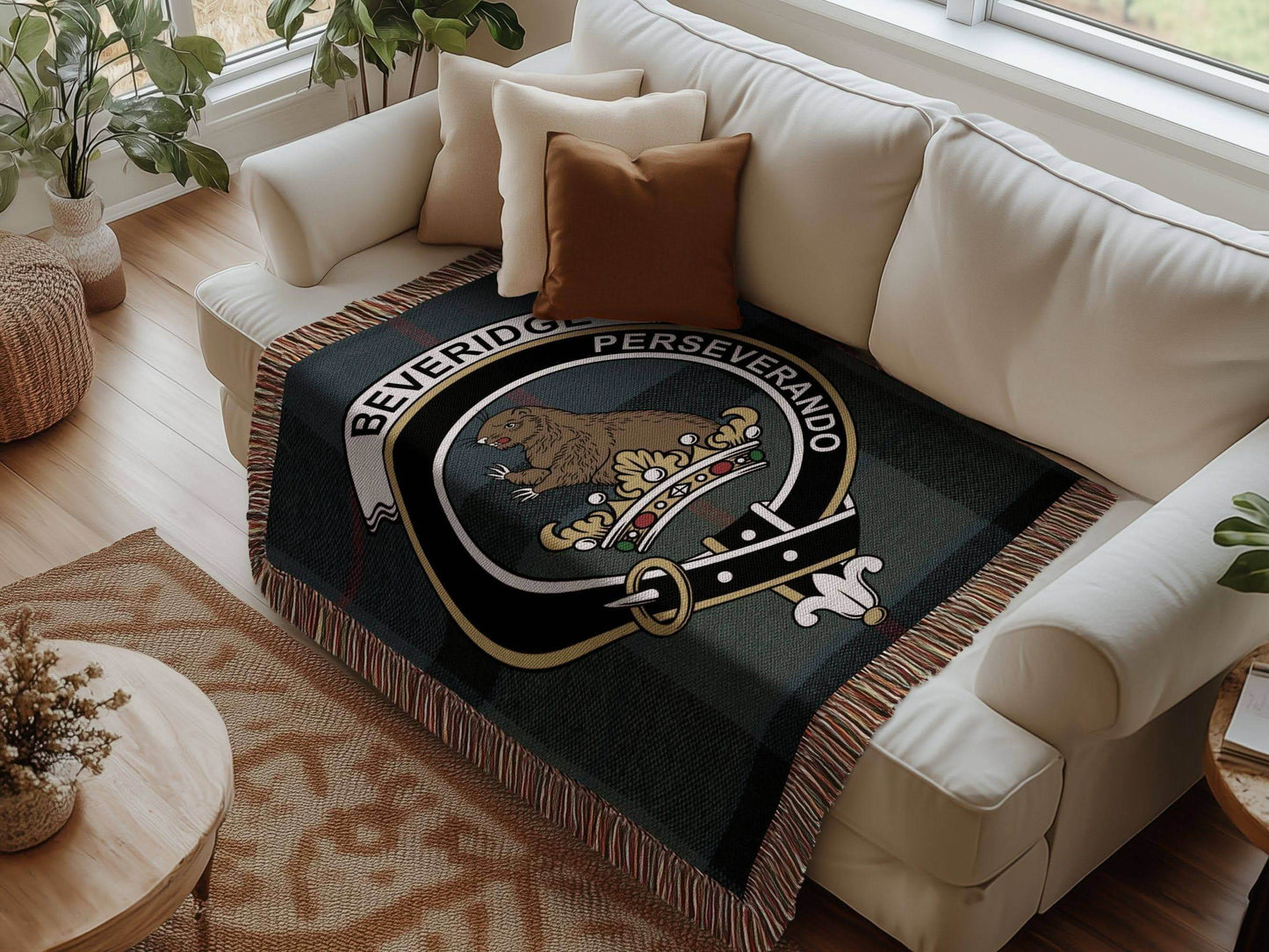 Beveridge Clan Crest Tartan Scottish Woven Blanket - Celtic Ancestry Gifts