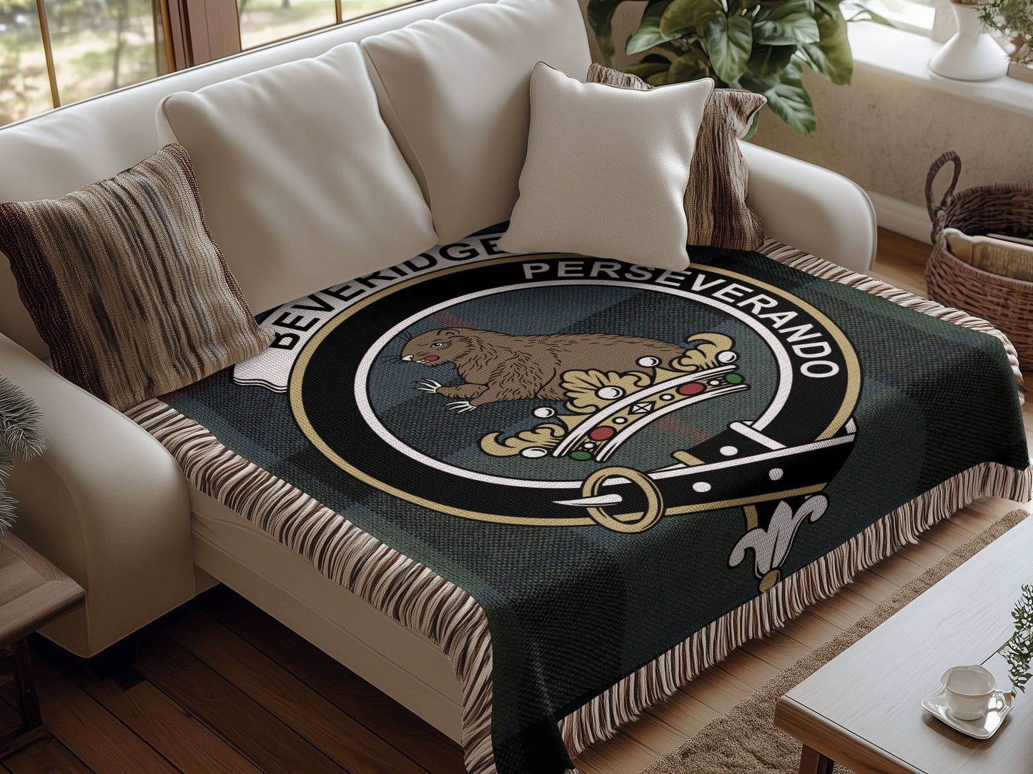 Beveridge Clan Crest Tartan Scottish Woven Blanket - Celtic Ancestry Gifts