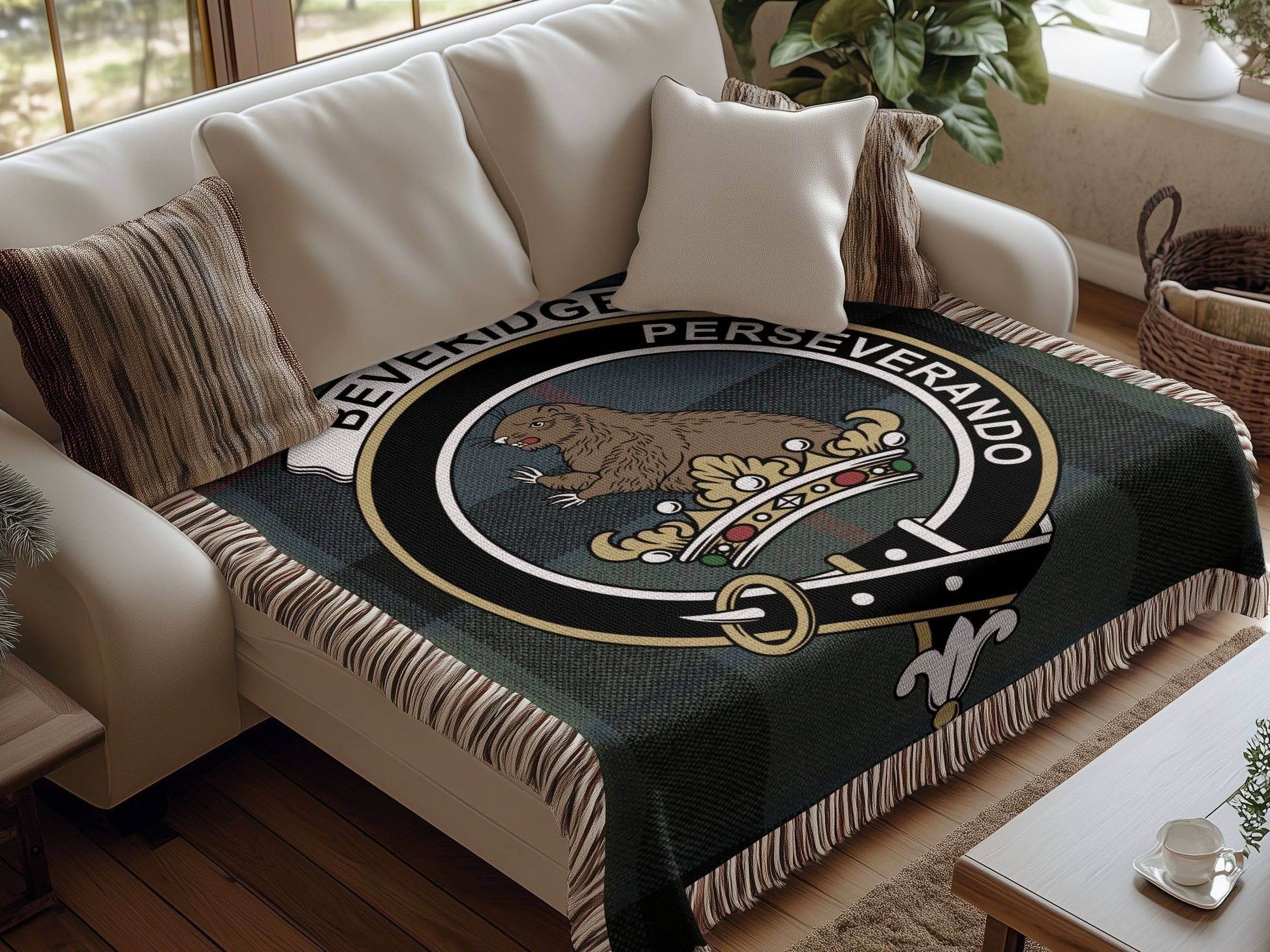 Beveridge Clan Crest Tartan Scottish Woven Blanket - Celtic Ancestry Gifts