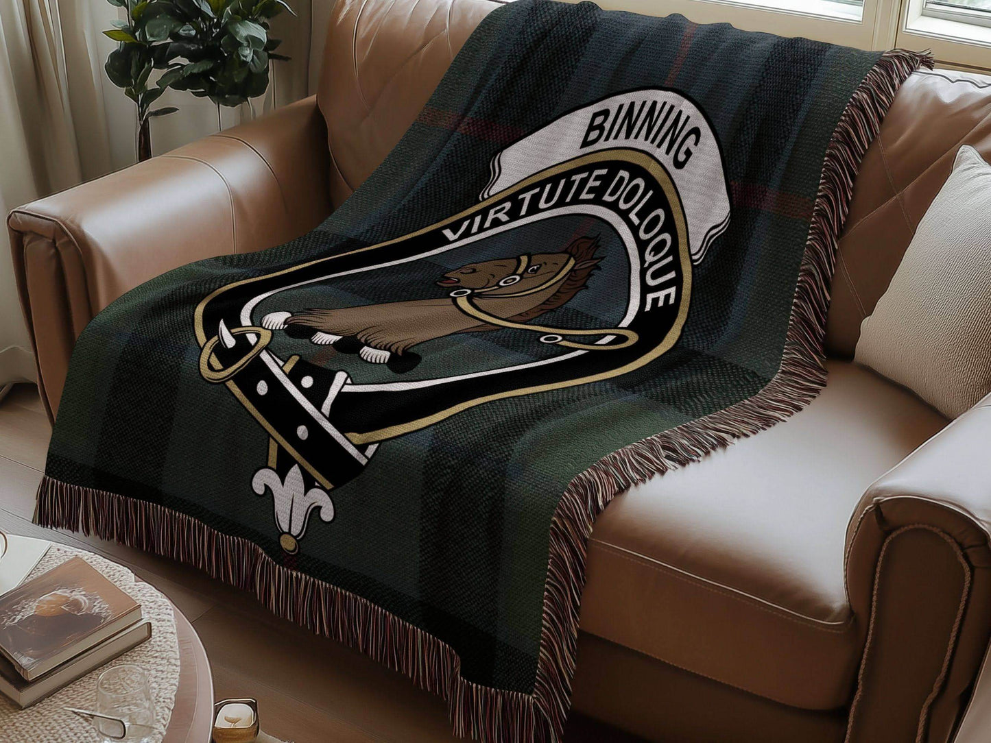 Binning Clan Crest Tartan Scottish Woven Blanket - Celtic Ancestry Gifts