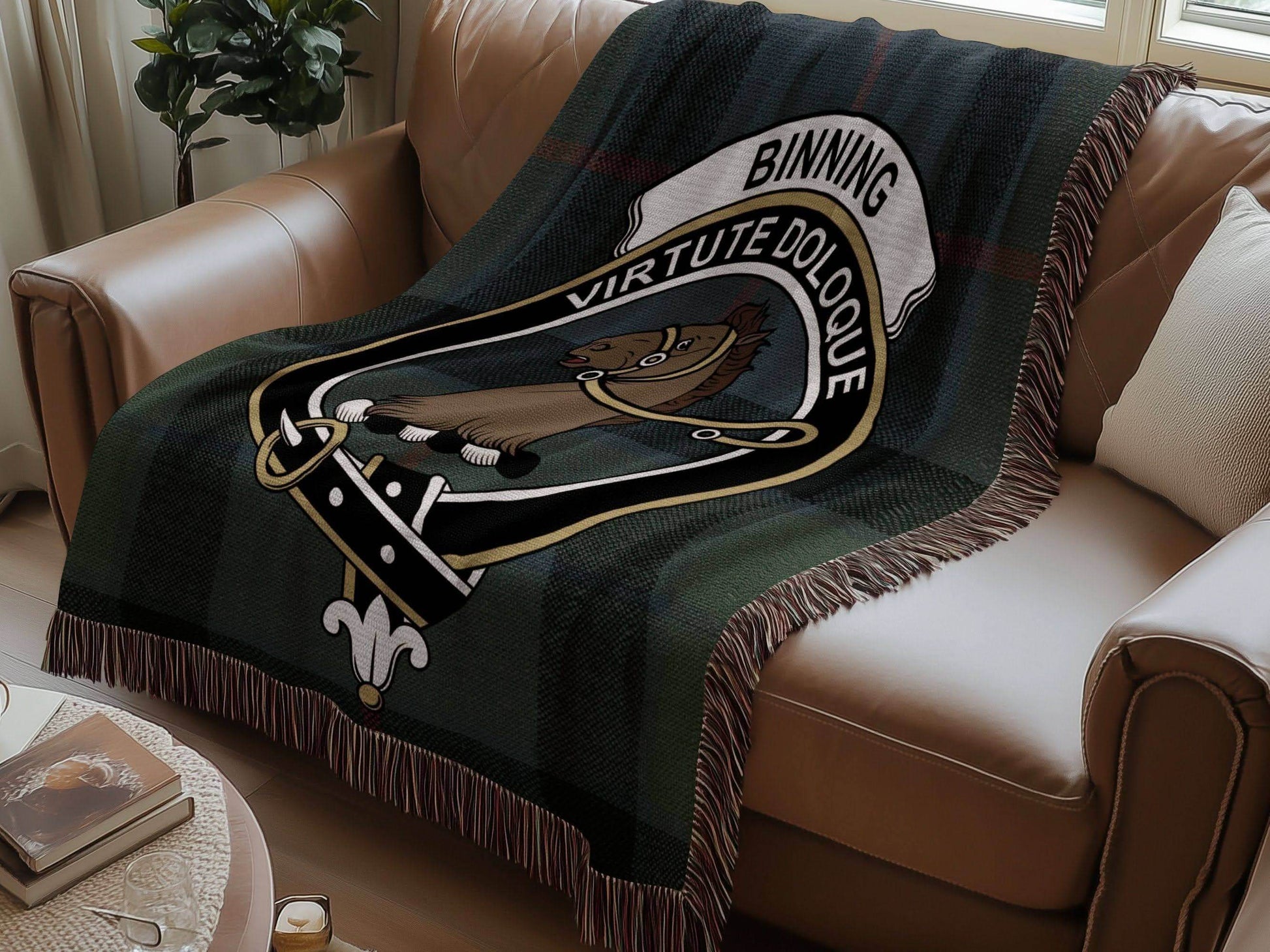 Binning Clan Crest Tartan Scottish Woven Blanket - Celtic Ancestry Gifts