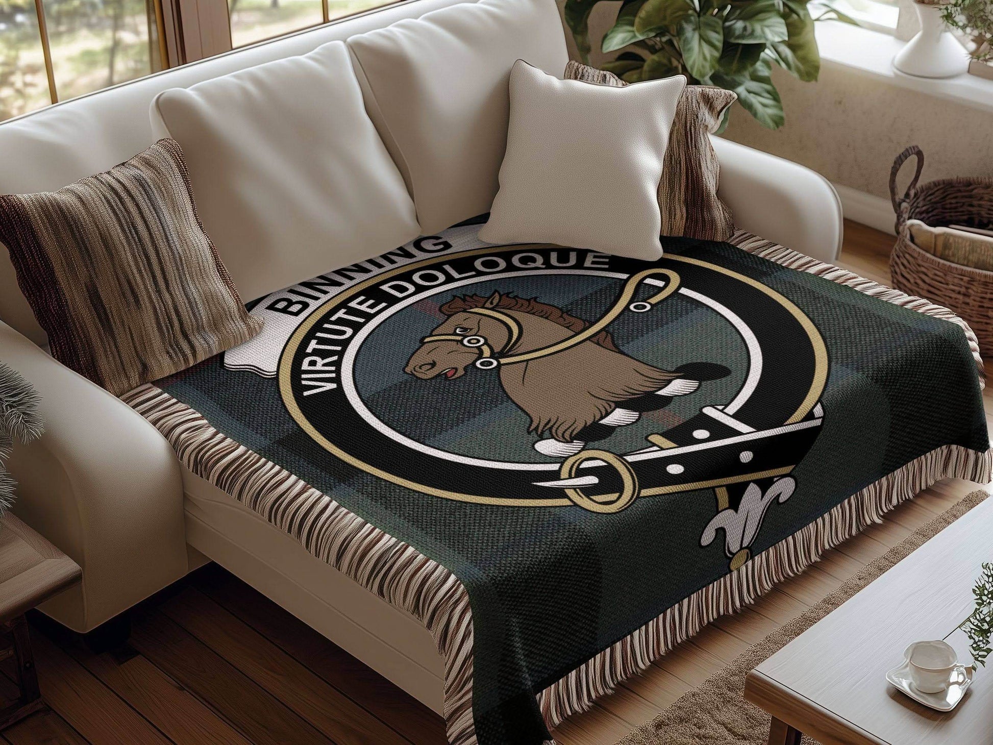 Binning Clan Crest Tartan Scottish Woven Blanket - Celtic Ancestry Gifts