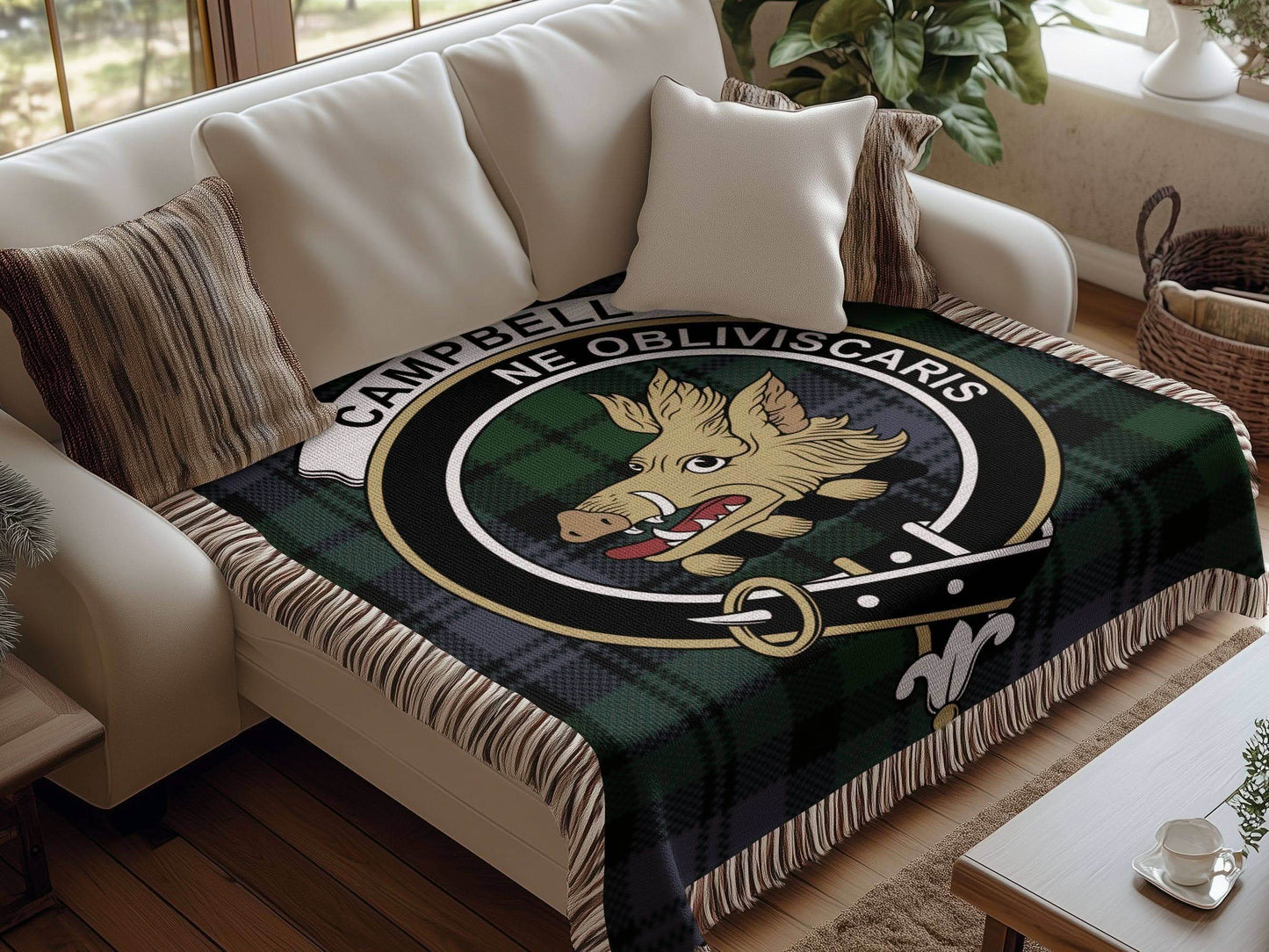 Campbell Clan Crest Tartan Scottish Woven Blanket - Celtic Ancestry Gifts