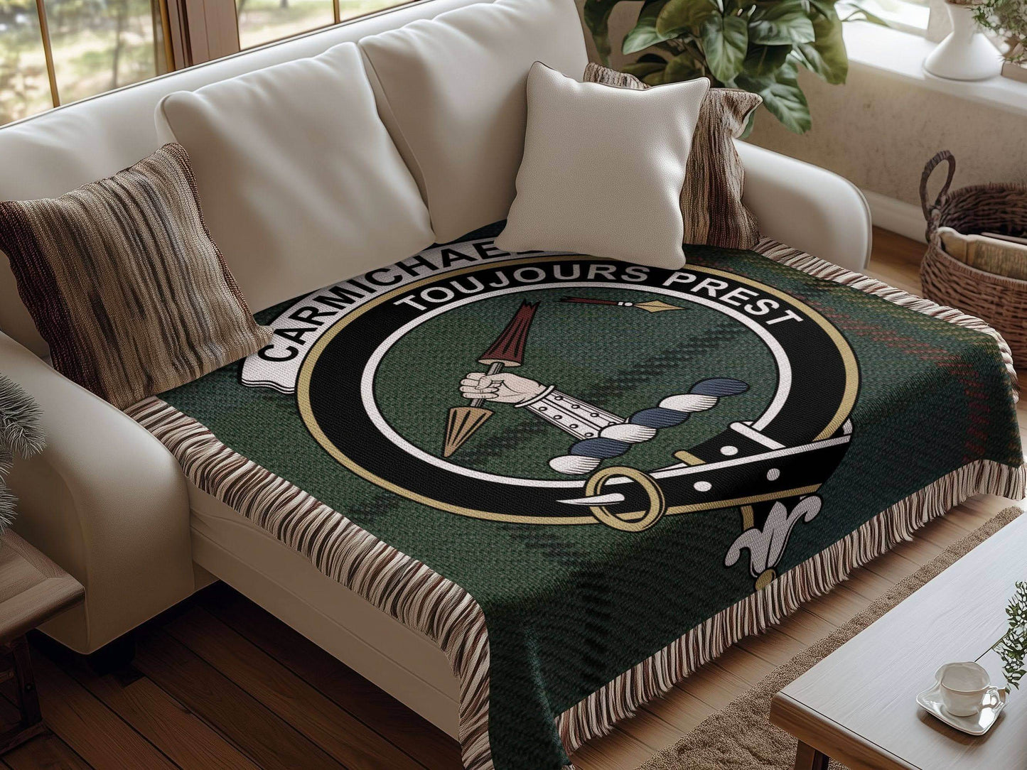 Carmichael Clan Crest Tartan Scottish Woven Blanket - Celtic Ancestry Gifts