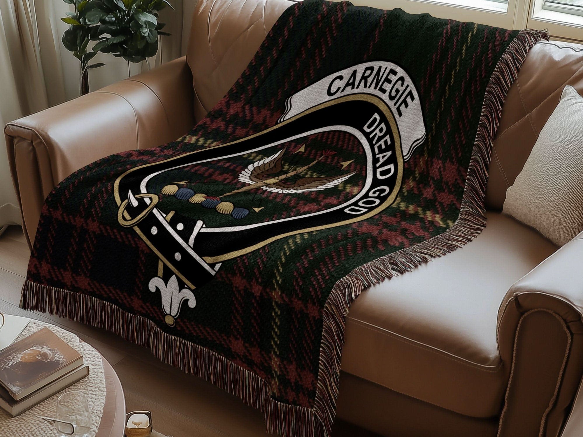 Carnegie Clan Crest Tartan Scottish Woven Blanket - Celtic Ancestry Gifts