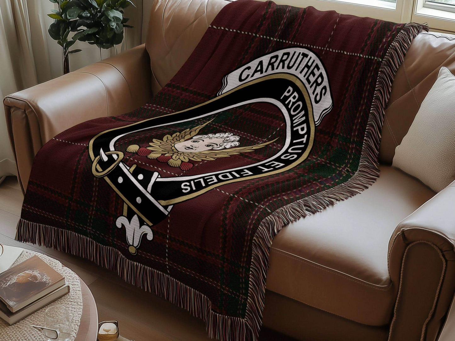 Carruthers Clan Crest Tartan Scottish Woven Blanket - Celtic Ancestry Gifts
