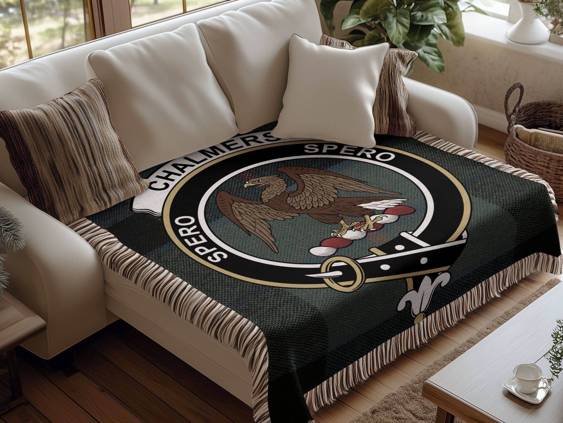Chalmers Clan Crest Tartan Scottish Woven Blanket - Celtic Ancestry Gifts