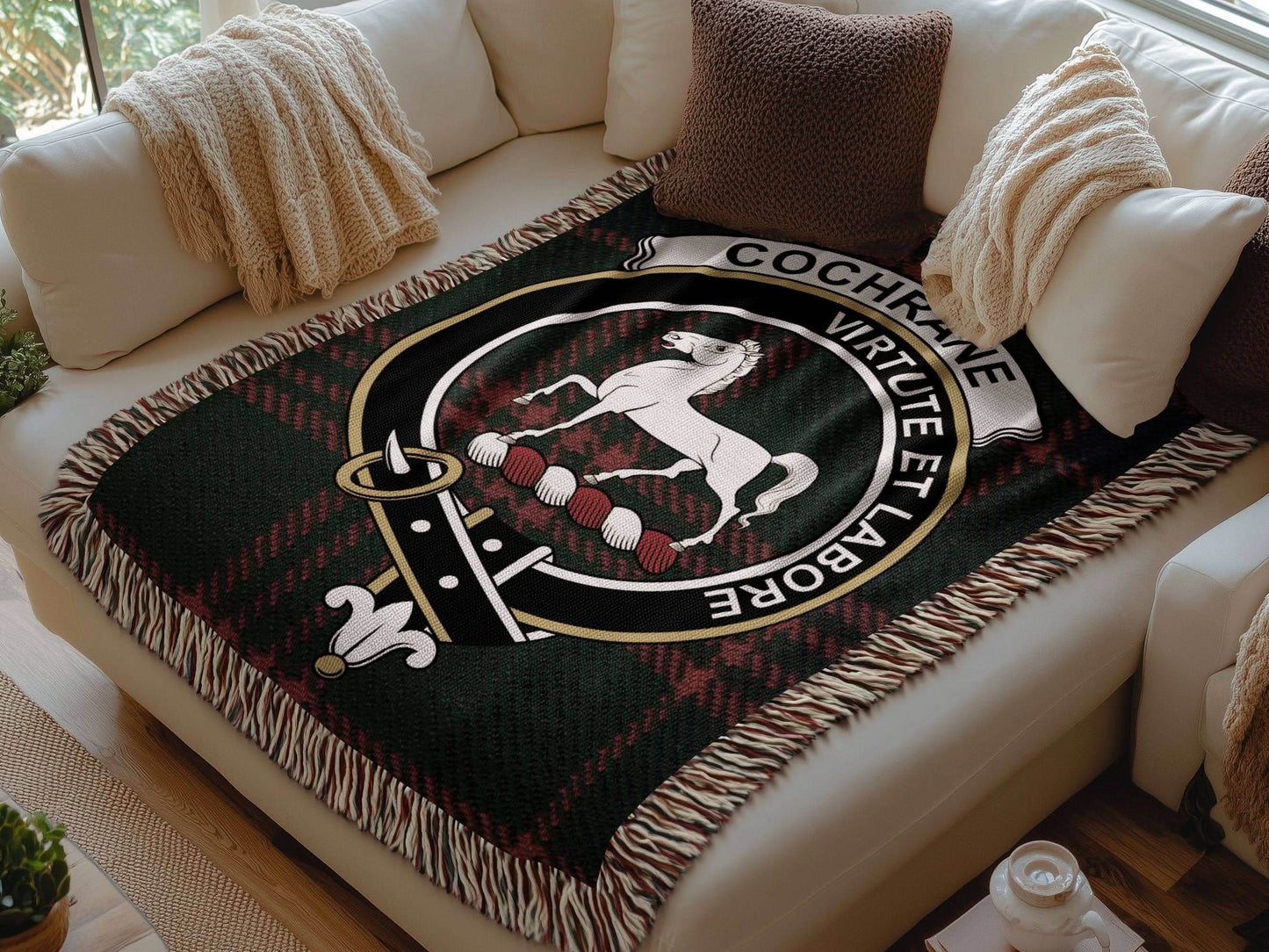 Cochrane Clan Crest Tartan Scottish Woven Blanket - Celtic Ancestry Gifts