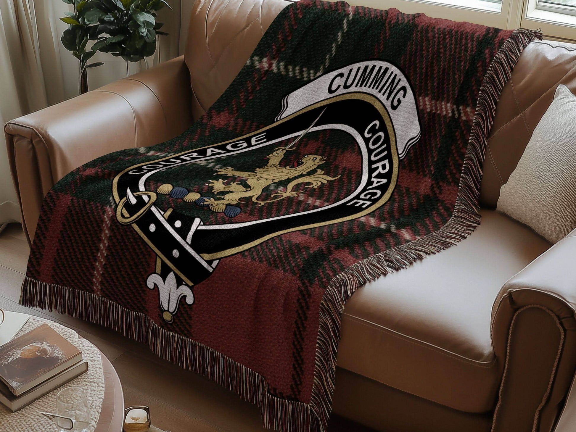 Cumming Clan Crest Tartan Scottish Woven Blanket - Celtic Ancestry Gifts