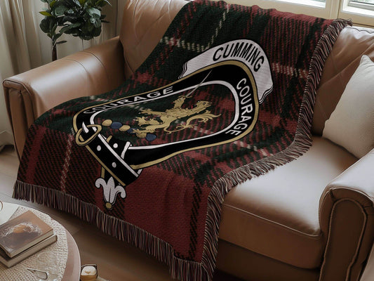 Cumming Clan Crest Tartan Scottish Woven Blanket - Celtic Ancestry Gifts