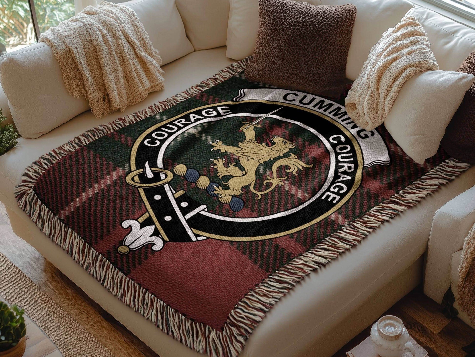 Cumming Clan Crest Tartan Scottish Woven Blanket - Celtic Ancestry Gifts