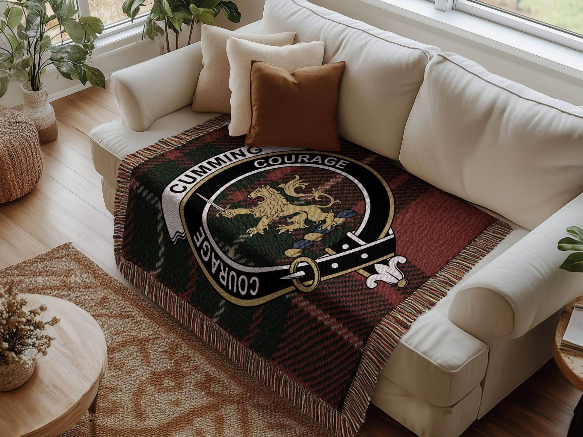 Cumming Clan Crest Tartan Scottish Woven Blanket - Celtic Ancestry Gifts