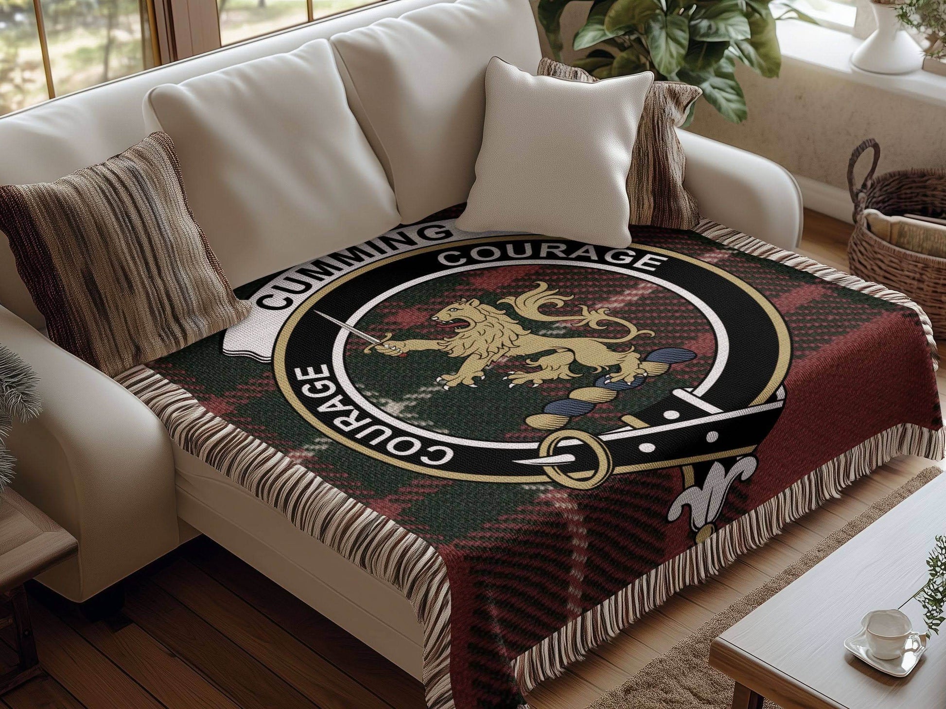 Cumming Clan Crest Tartan Scottish Woven Blanket - Celtic Ancestry Gifts