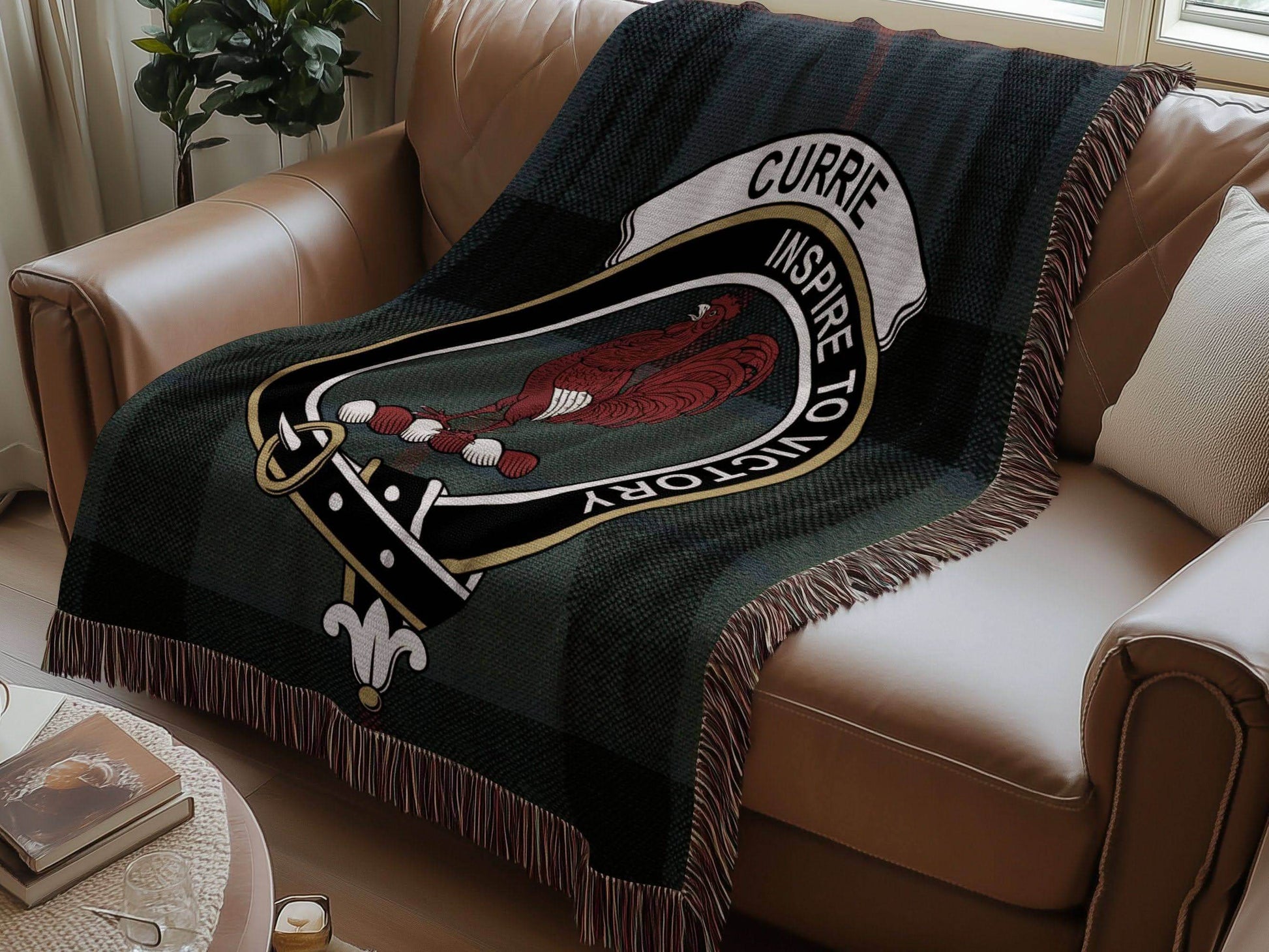 Currie Clan Crest Tartan Scottish Woven Blanket - Celtic Ancestry Gifts