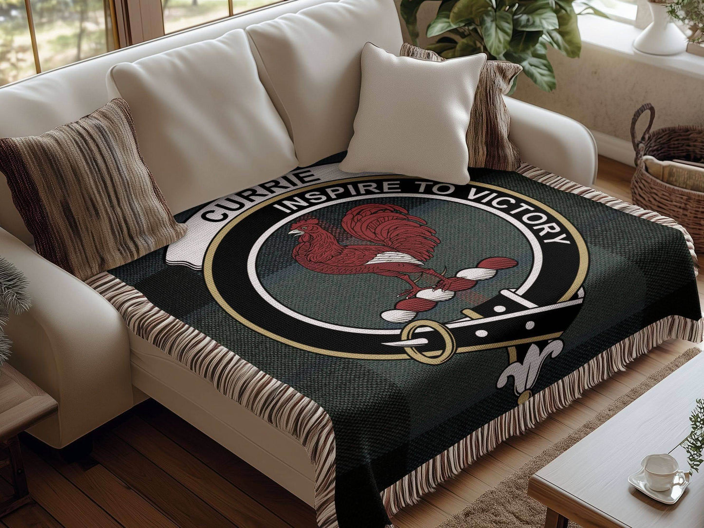 Currie Clan Crest Tartan Scottish Woven Blanket - Celtic Ancestry Gifts