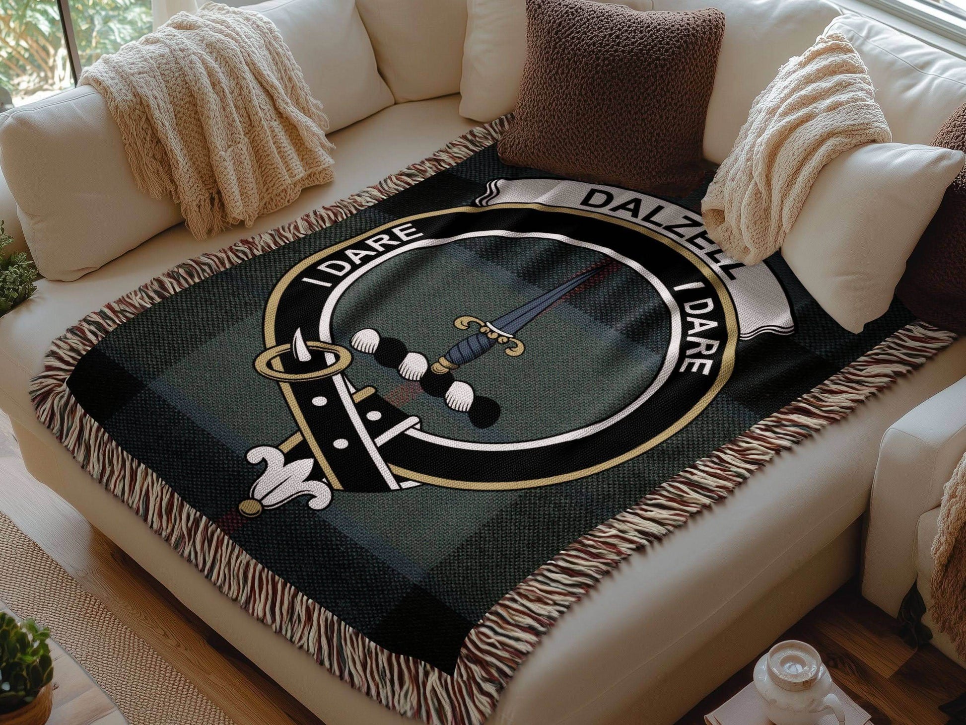 Dalzell Clan Crest Tartan Scottish Heritage Woven Blanket - Celtic Ancestry Gifts