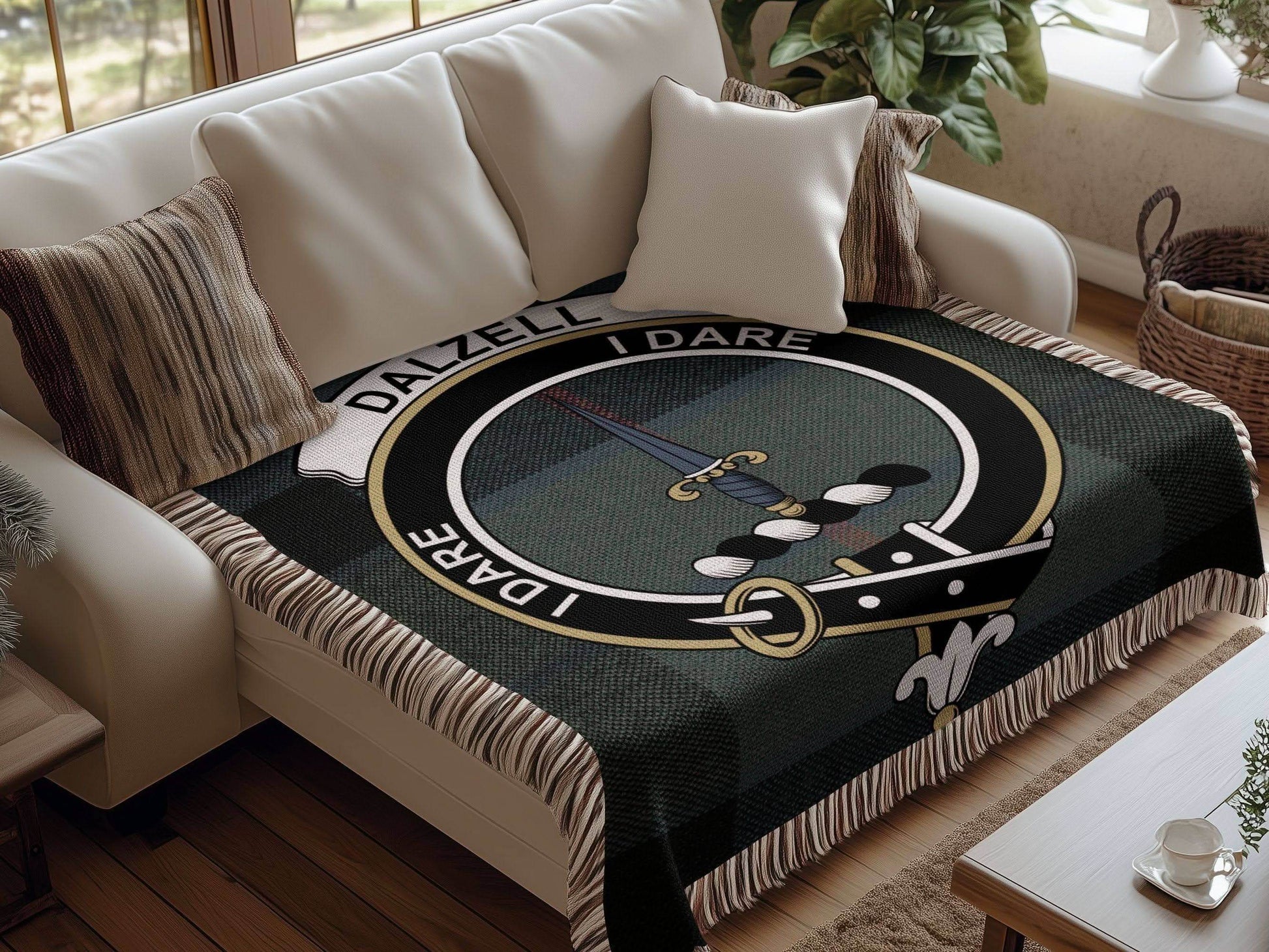 Dalzell Clan Crest Tartan Scottish Heritage Woven Blanket - Celtic Ancestry Gifts
