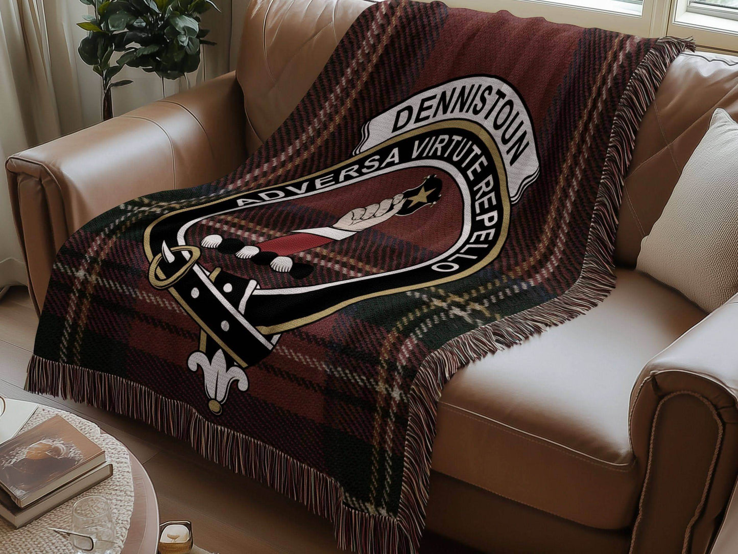 Dennistoun Clan Crest Tartan Scottish Woven Blanket - Celtic Ancestry Gifts