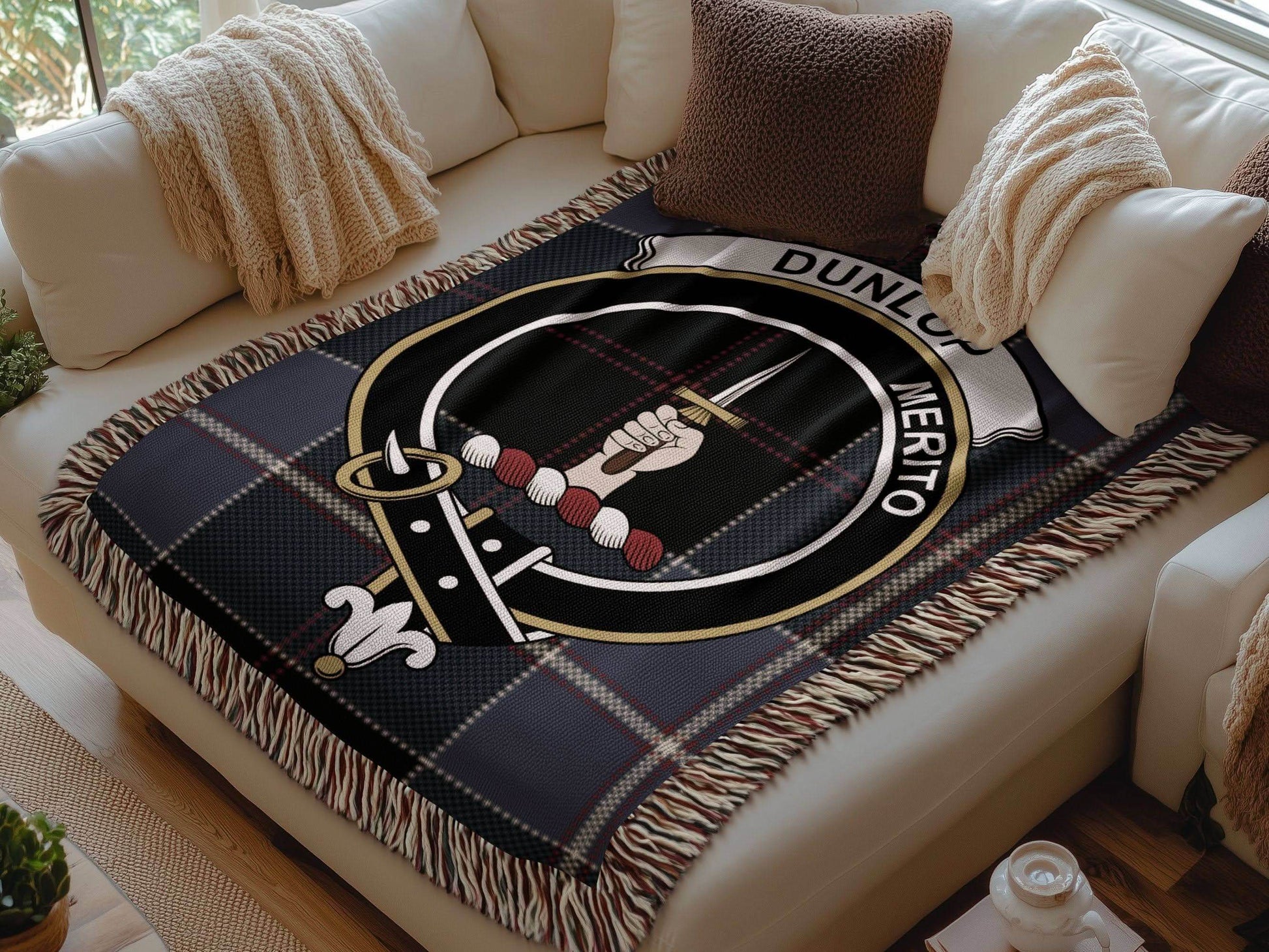 Dunlop Clan Crest Tartan Scottish Woven Blanket - Celtic Ancestry Gifts