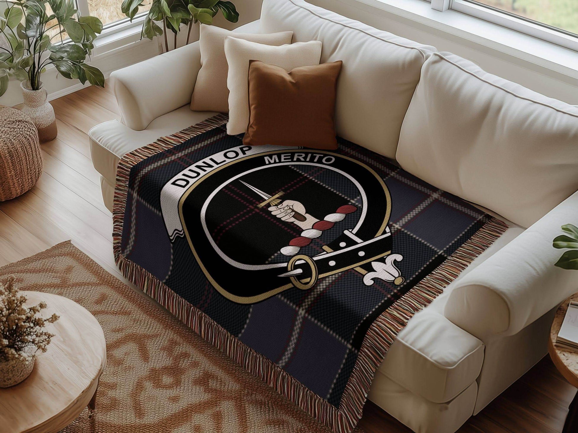 Dunlop Clan Crest Tartan Scottish Woven Blanket - Celtic Ancestry Gifts