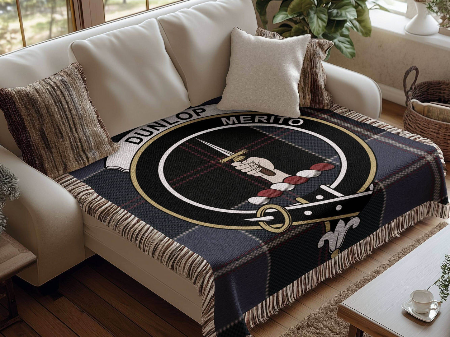 Dunlop Clan Crest Tartan Scottish Woven Blanket - Celtic Ancestry Gifts