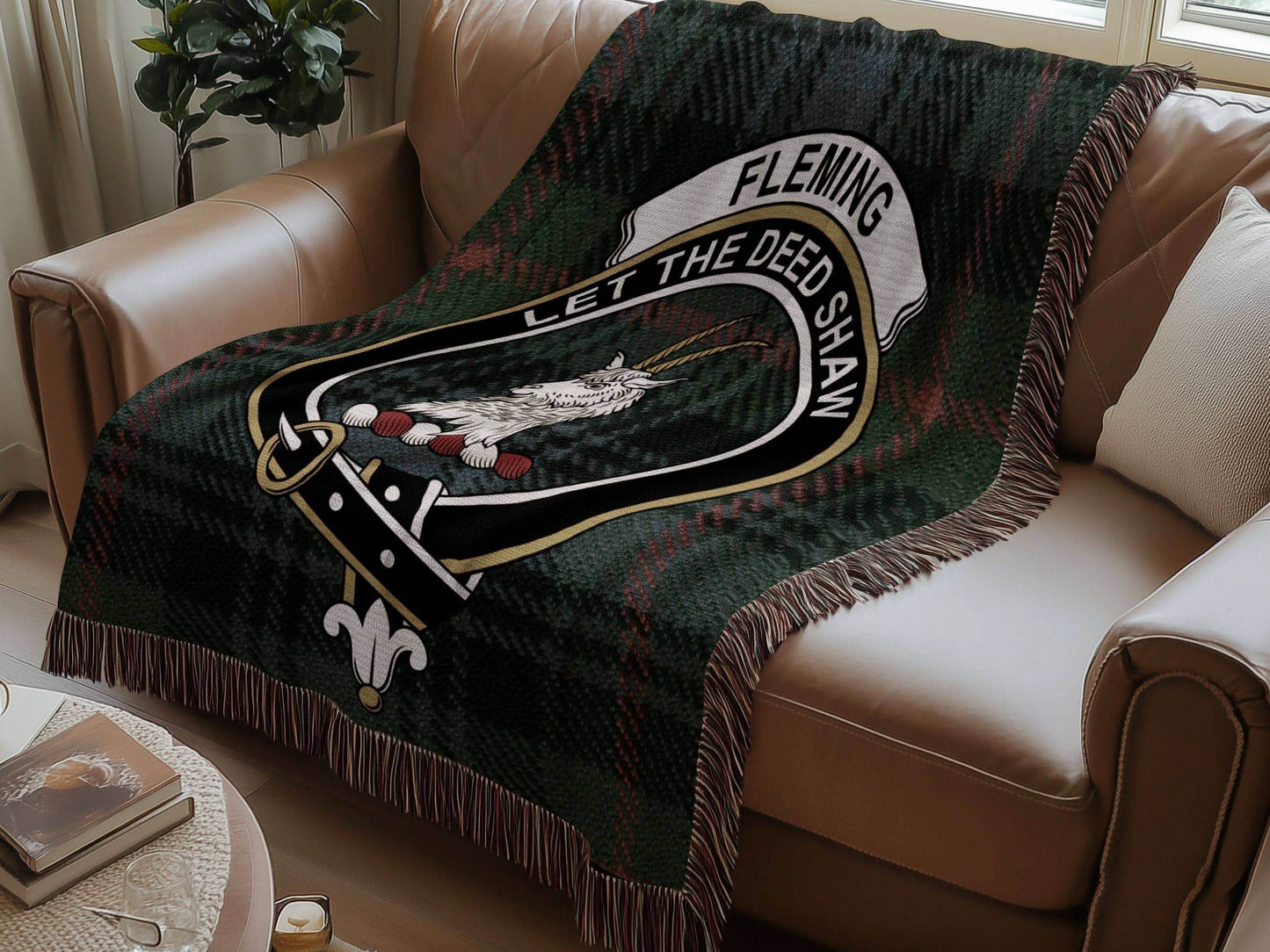 Fleming Clan Crest Tartan Scottish Woven Blanket - Celtic Ancestry Gifts