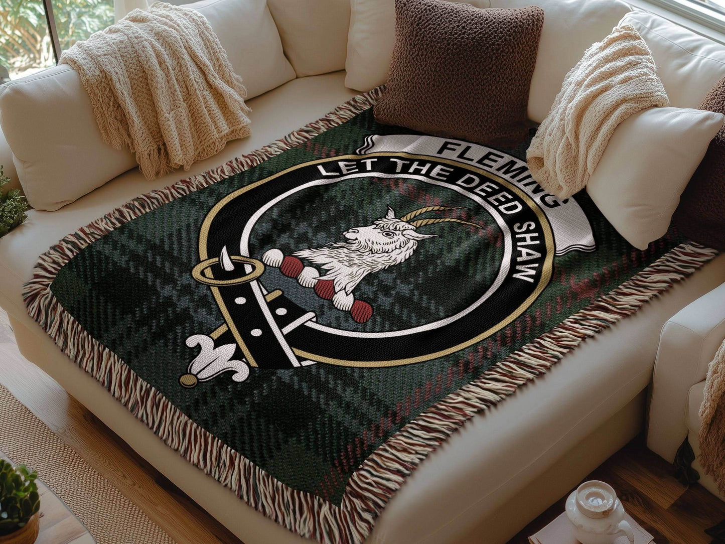 Fleming Clan Crest Tartan Scottish Woven Blanket - Celtic Ancestry Gifts